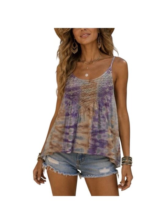 Jaded Gypsy Tops - Jaded Gypsy Tie-Dye Yoke Lace Tank Top L/XL Boho Indie Purple Brown